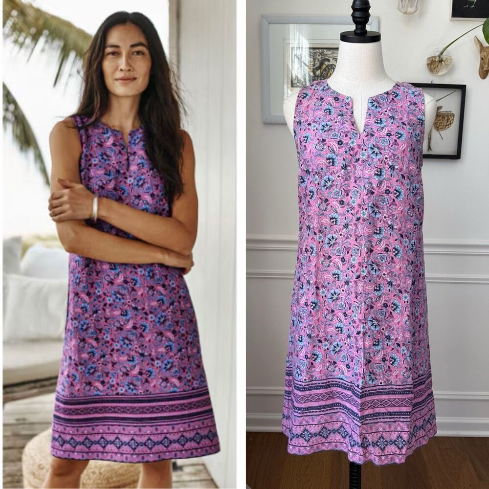 J. Jill Heritage 100% Linen A-Line Dress Pink Lavendar Blue $110 XS